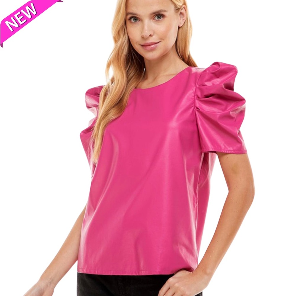 NWT TCEC Magenta Pink Puff Sleeve Leather Top - Large
